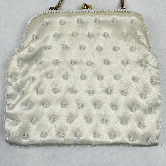 Vintage Womens White Beaded Geometric Floral Evening Bag Small Clutch Purse HK - Picture 5 of 12